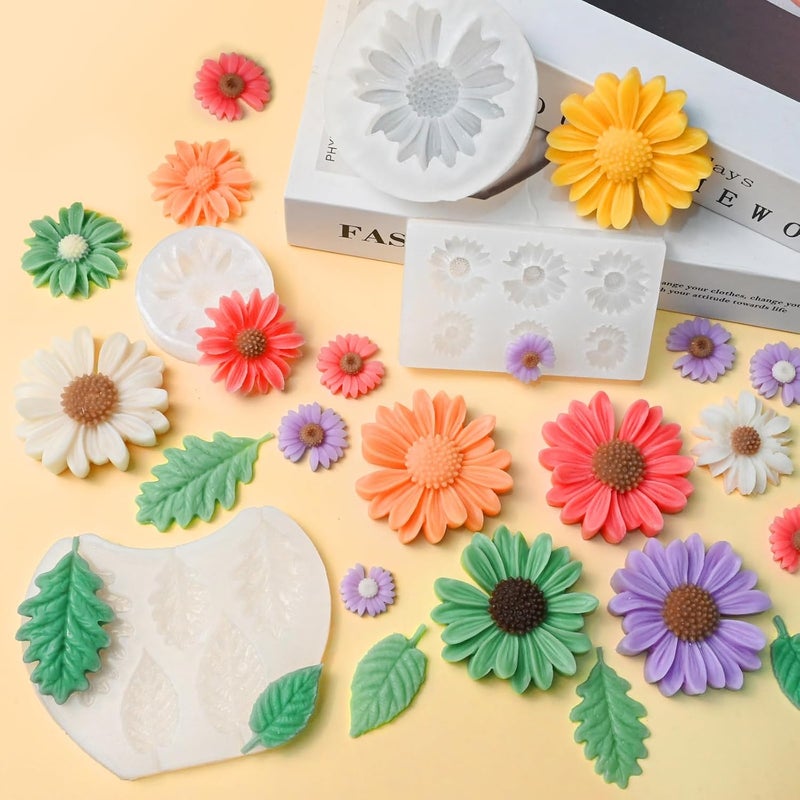 ZQYSING 4 Pack Daisy Silicone Molds with Leaf Mold, Set of Large + Medium + Small + Mini Daisy Flower Molds for Candles Wax Soap Epoxy Resin Plaster Fondant Chocolate Cake Cupcake Topper Decoration - Image 3